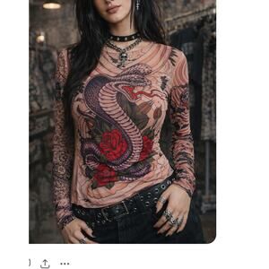 Vintage Miami Ink Mesh Top M Skull Snake Tattoo Y2K Long Sleeve Mall Grunge